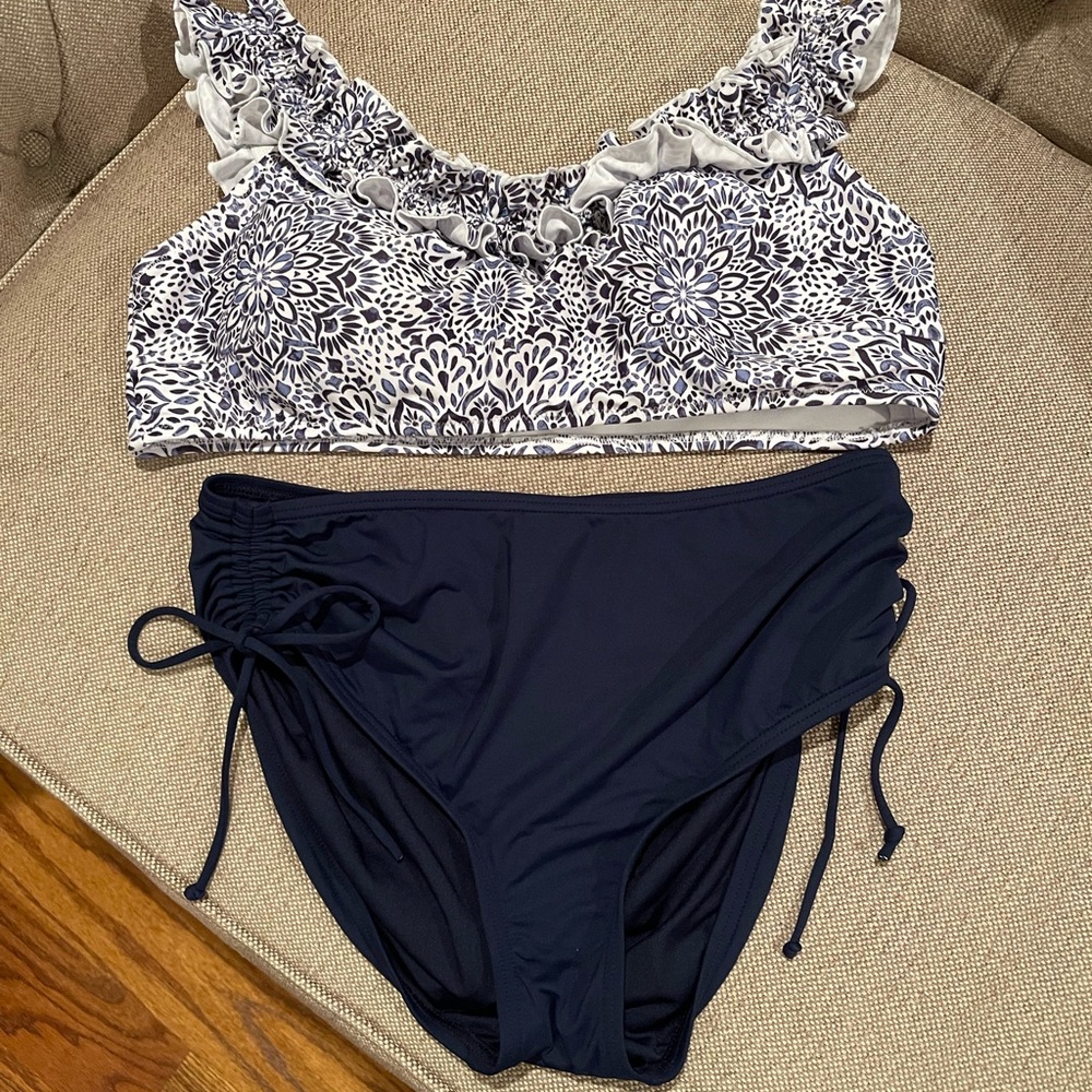 Beach House Blue Bottom and Jessica Simpson Blue/White Ruffled Bikini Top